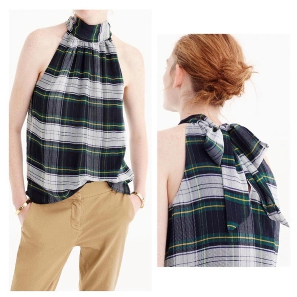 J Crew Blue & Green Tartan Tie-Neck Sleeveless Blouse